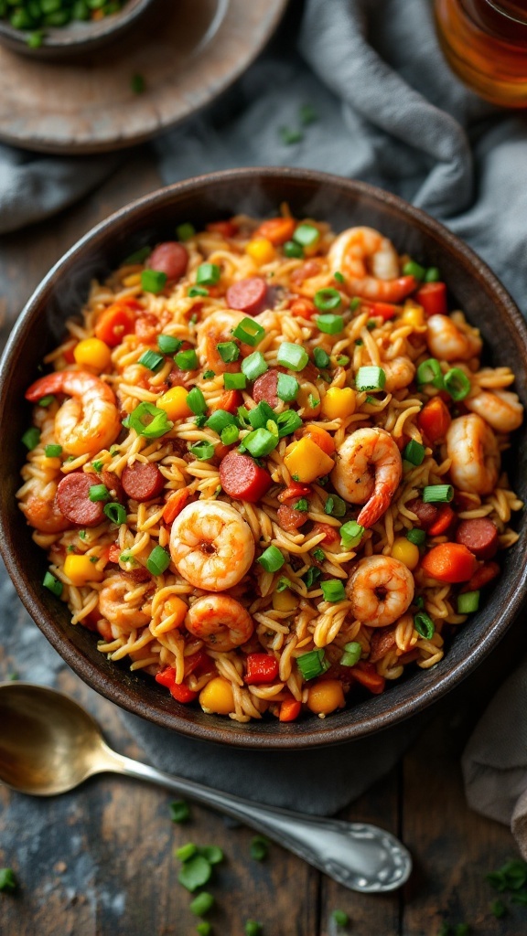 A hearty bowl of jambalaya with shrimp, chicken, sausage, and vegetables, garnished with green onions on a wooden table.